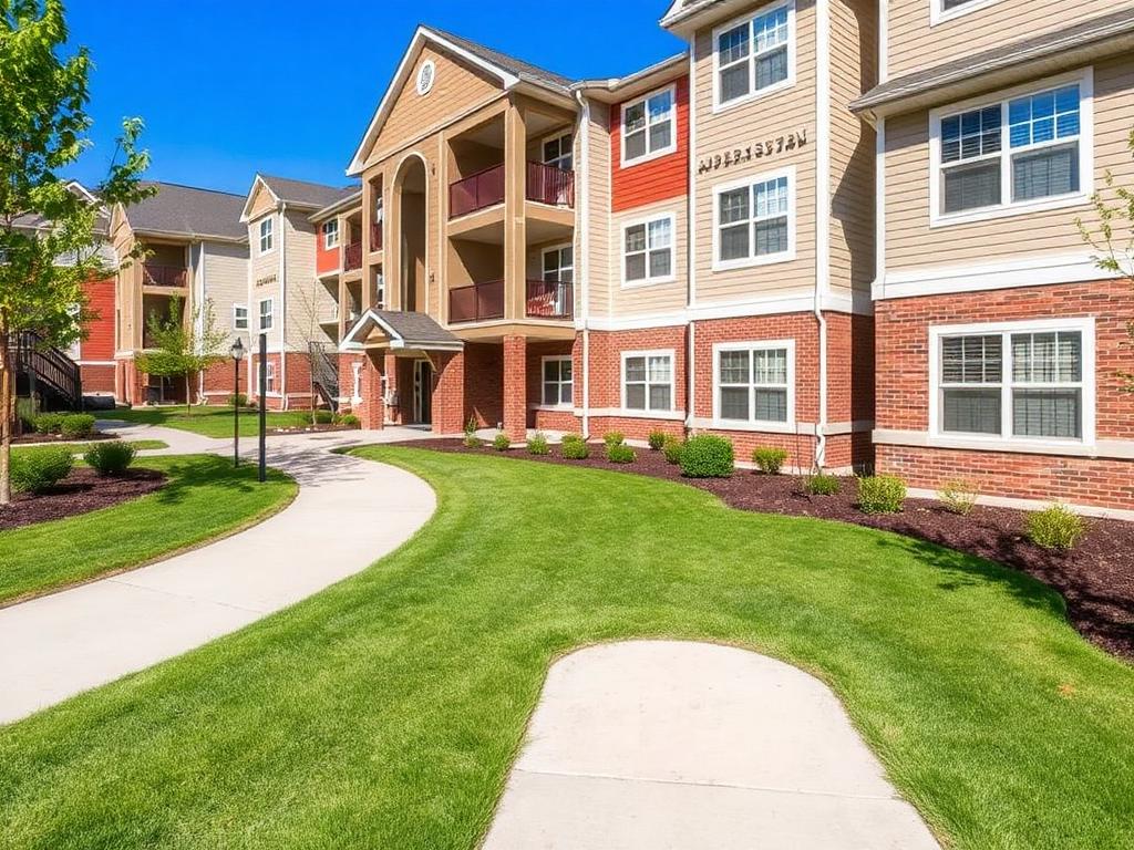 Well-maintained apartment complex exterior with clean walkways