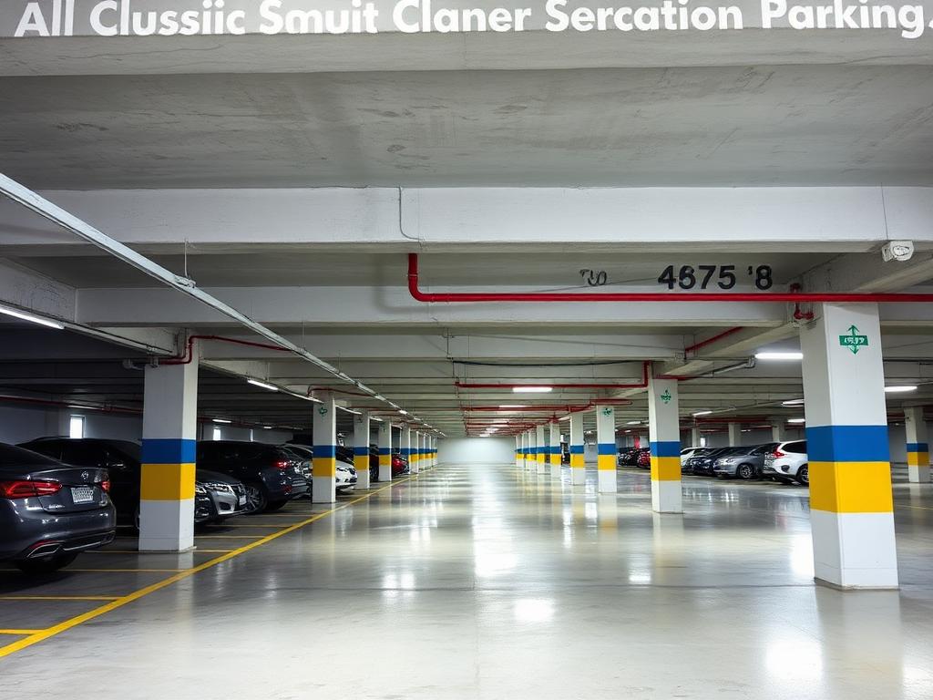 Clean multi-level parking garage with bright painted lines