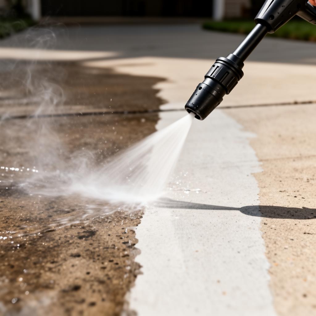 Close-up of a power washer nozzle cleaning a concrete driveway