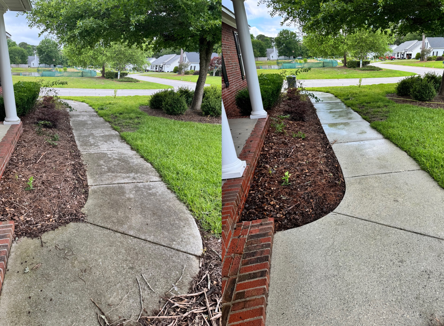 Driveway split — stained concrete vs. bright clean concrete