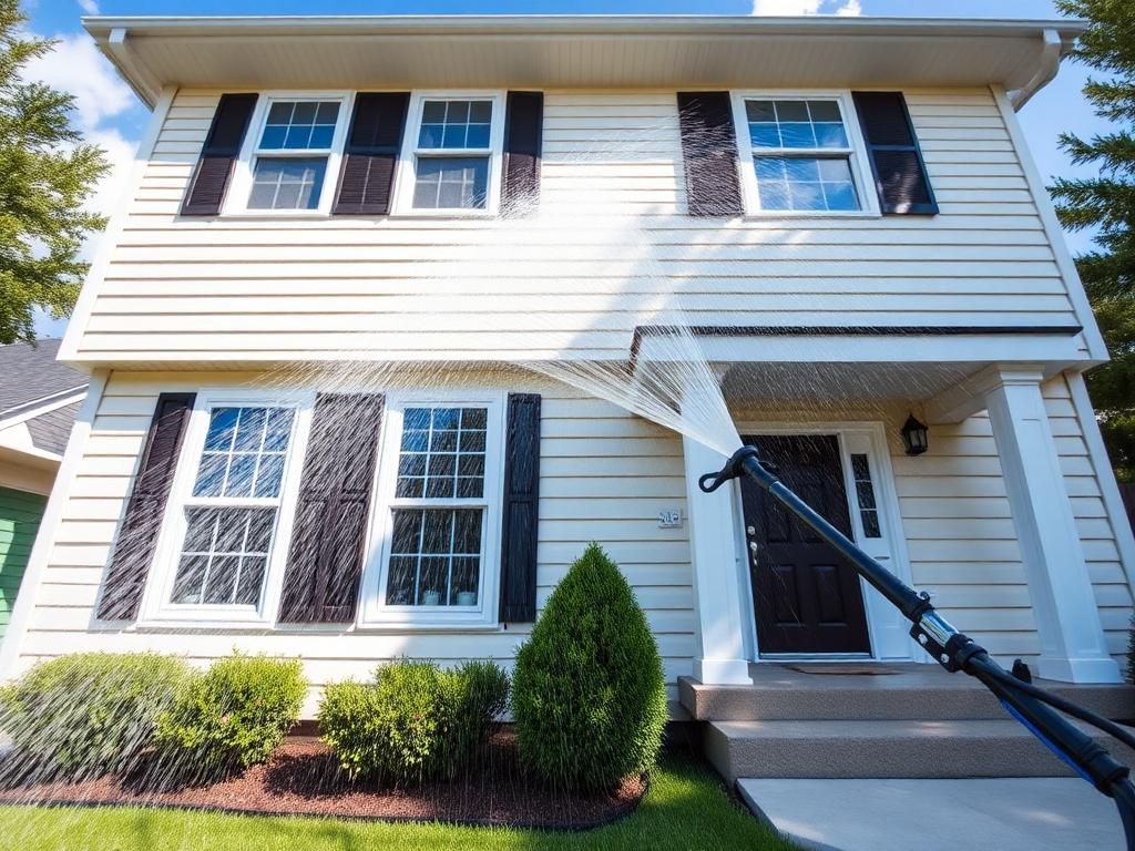 Two-story home with water streaming down clean siding