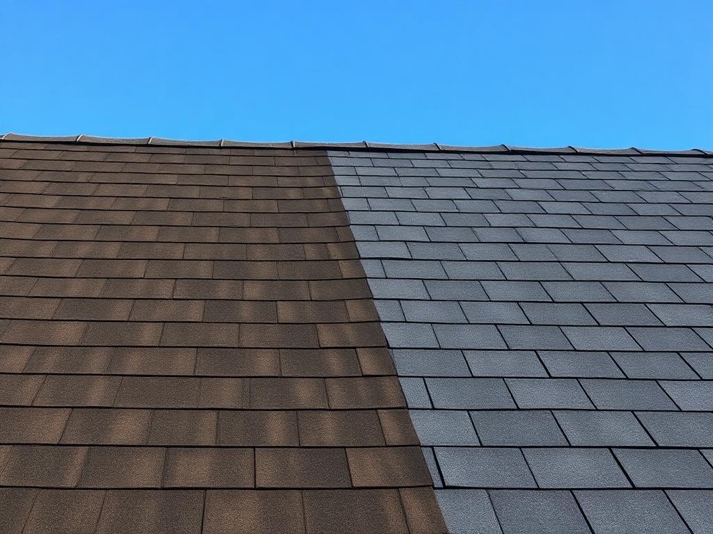 Roof half covered in dark algae streaks, half clean