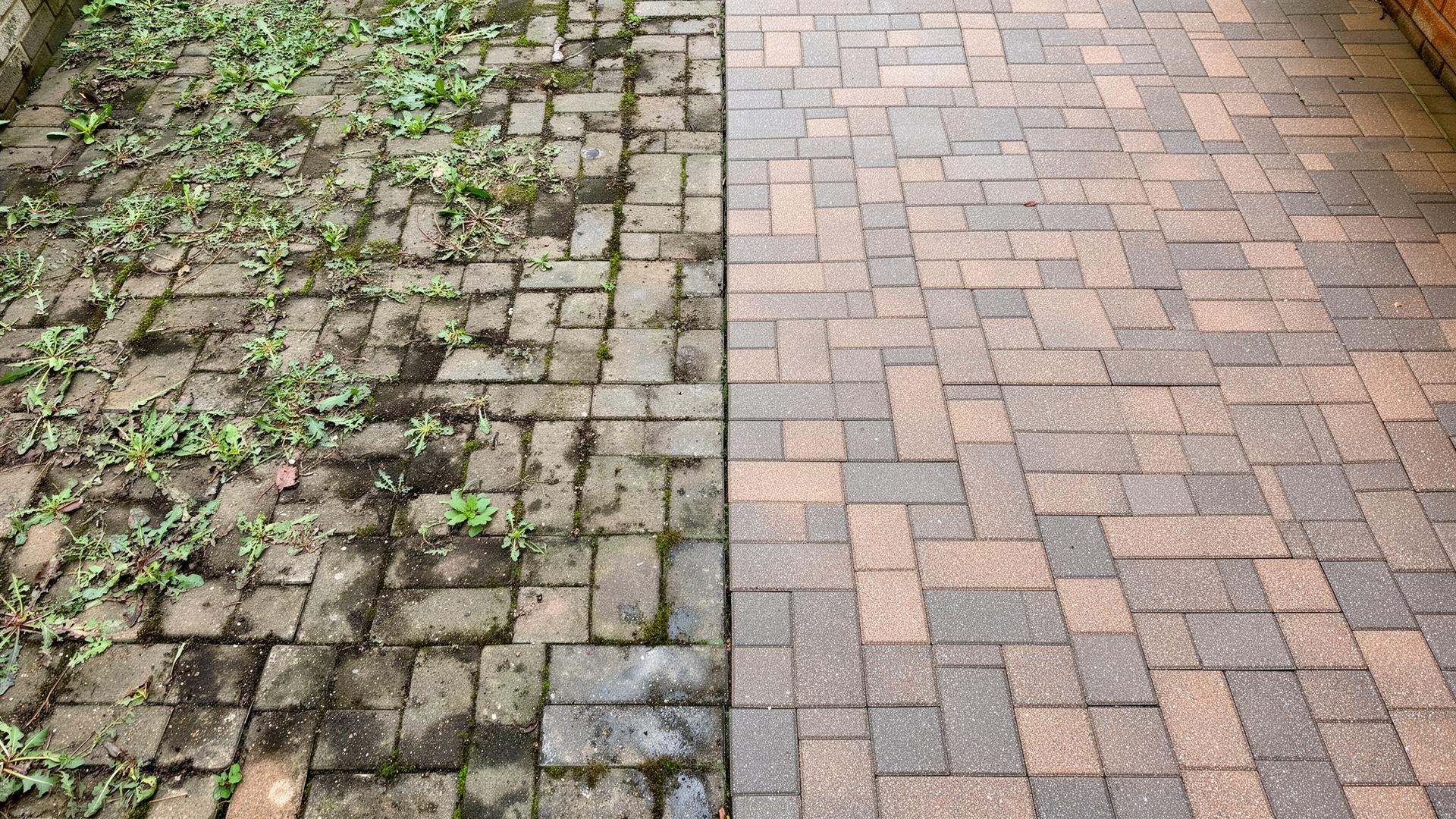 Paver patio split — weed-filled and stained vs. cleaned and sealed