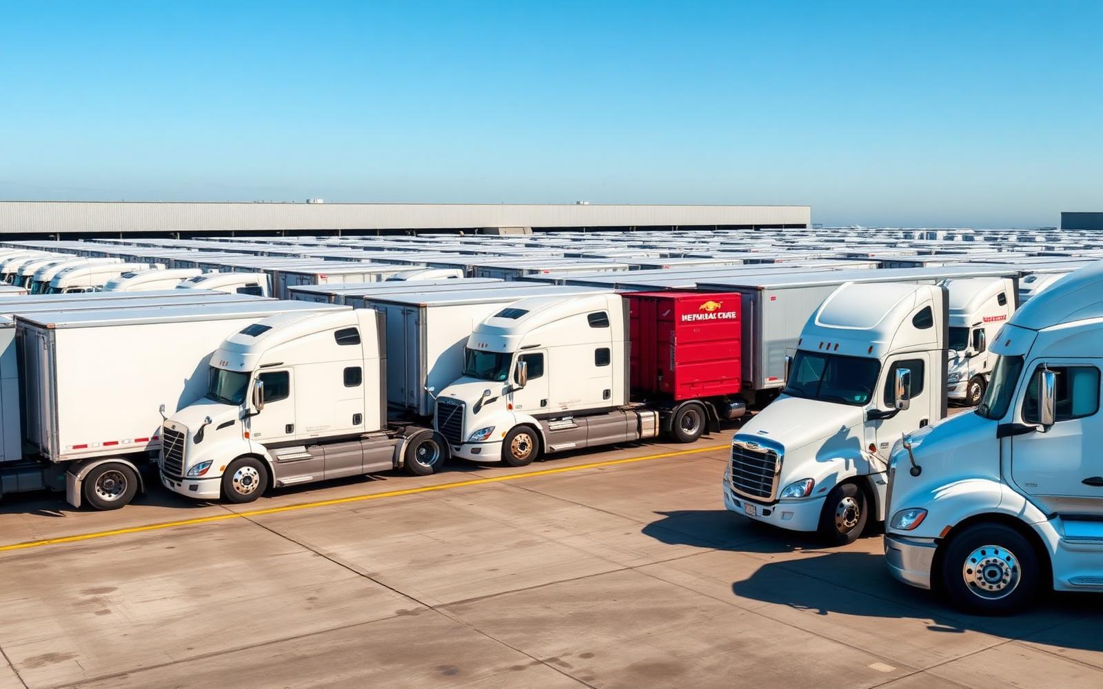 Row of clean commercial semi-trucks and trailers parked at a facility